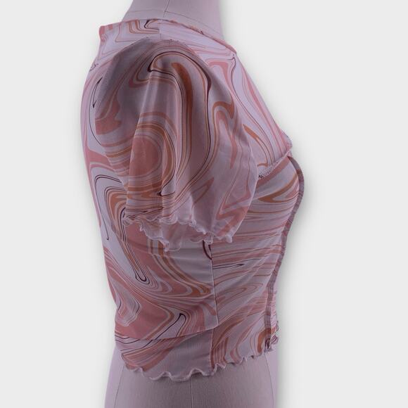 Y2K Swirl Print Mesh Top Short Sleeve Fairy Rave Indie Psychedelic L - Picture 3 of 7